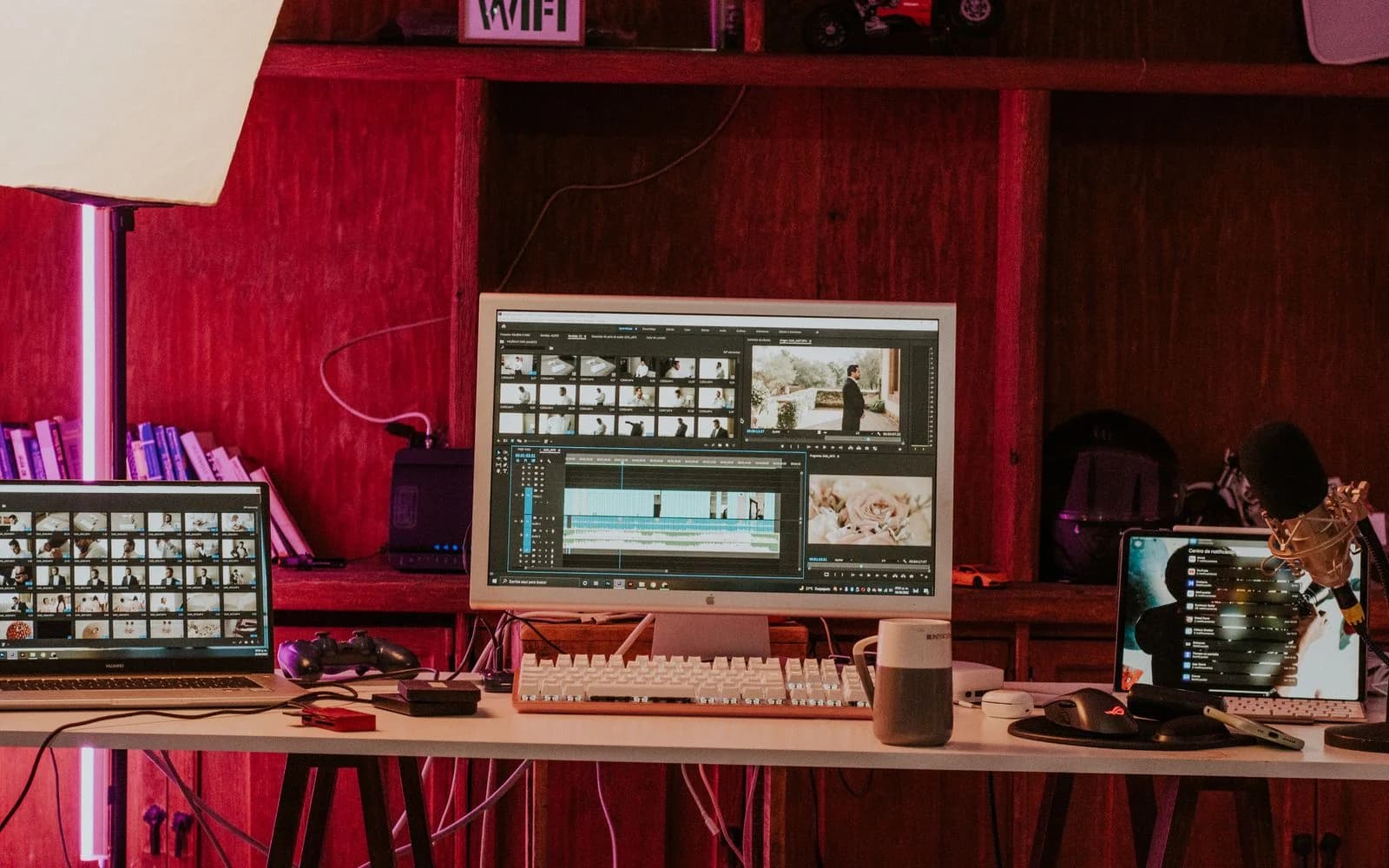 Schnittplatz mit Transkript- und Farbkorrektur-Software während der Post-Production